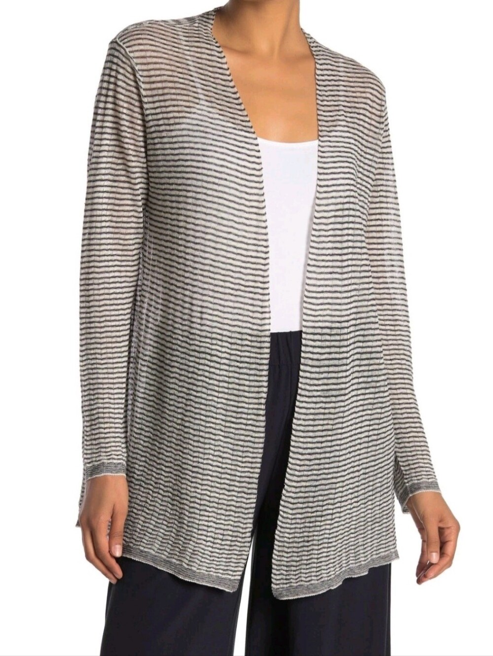Eileen Fisher Gray and White Striped Open Front Organic Linen Cardigan Large